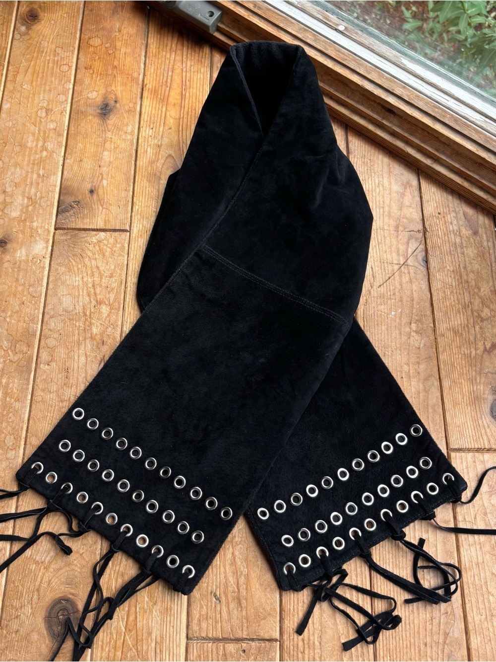Black Suede Eyelet Fringe Scarf